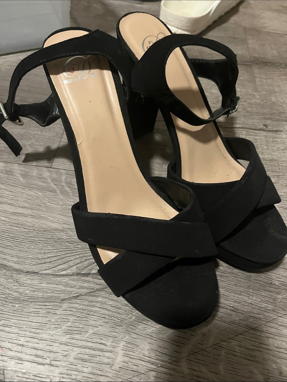 Black Suede Crisscross Block Heel Sandals